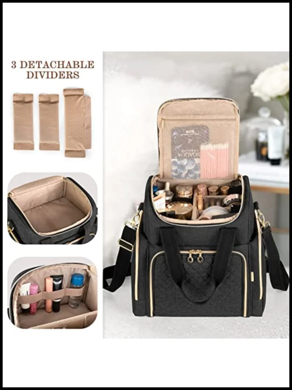 Large Travel Makeup Bag with Removable Cases, Padded Nylon Cosmetic Organizer,